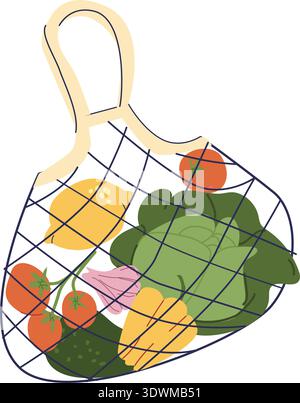 Eco shopping bag full of fresh produce. Plastic free lifestyle and environmental protection idea. Flat cartoon vector illustration for sustainable cam Stock Vector
