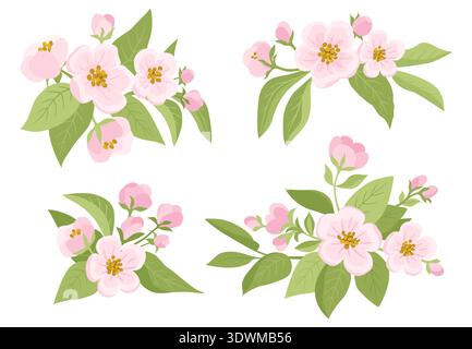 Spring Apple Tree Flowers with Buds and Leaves. Spring bouquet of sakura and cherry blossom flowers. Stock Vector