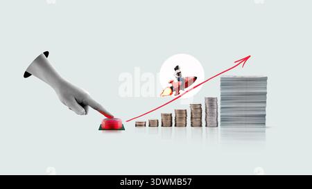 Art collage. Launch of a red rocket with a smiling business woman and one hand presses the button and assists in the success start. Stock Photo