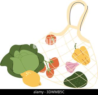 Reusable grocery bag with natural food products. Save the earth and sustainable consumption concept. Minimal flat vector illustration isolated on whit Stock Vector