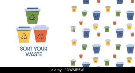 Sort your waste vector illustration with seamless pattern of waste containers in different colors. Stock Vector