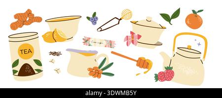 Cartoon tea time stickers with black tea and add ons - ginger, orange, honey, strawberry and sea buckthorn. Doodle vector set for brewing and preparin Stock Vector