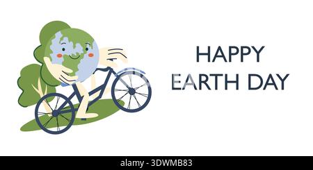 Earth day banner tempate with cute cartoon planet on a bike. Simple minimalist design for ecology holidays. Stock Vector