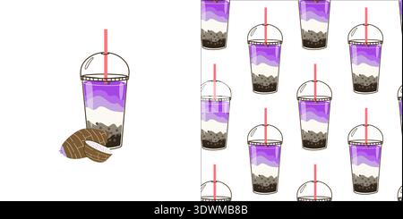 Bubble milk tea with taro. Boba tea cold drink vector art. Flat cartoon illustration with seamless pattern for food background. Stock Vector