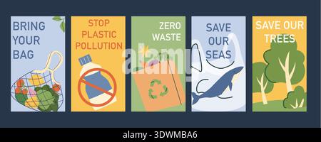 Green eco posters set. Zero waste, stop plastic, save sees, trees, bring your bag. Environment protection eco friendly flyers set. Ecology concept, ea Stock Vector
