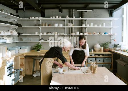 Senior Woman Teaching Young Adult Woman Pottery Techniques Stock Photo