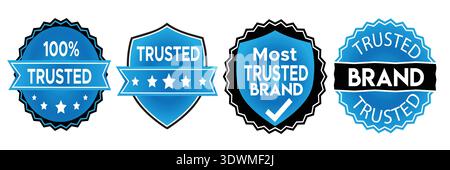 Collection of four blue and black circular and shield shaped badges seals and emblems signifying trust quality and brand recognition featuring text Stock Vector