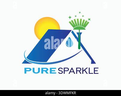 Vibrant cleaning service logo featuring a stylized house roof with a sun and a sparkling water droplet alongside a brush symbolizing purity freshness Stock Vector