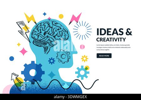 Vector trendy creative collage with human head profile, brain and gears. Hand drawn sketch and flat illustration. Abstract concept of creative thinkin Stock Vector