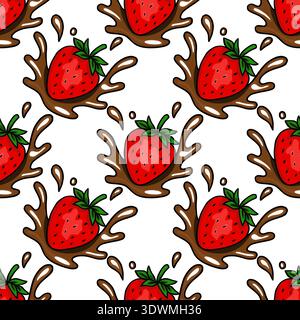 Seamless vector pattern of juicy red strawberries splashing into rich chocolate, perfect for food packaging and confectionery designs. Stock Vector