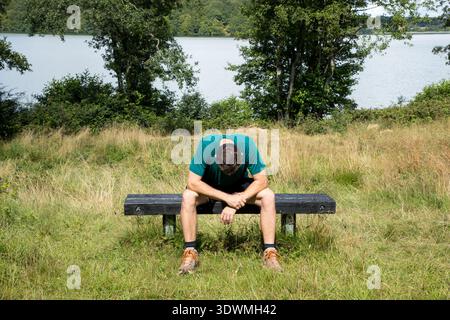 Middle aged man sitting on bench in foret frustrated and worried posture, with hands on face Stock Photo