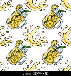 Seamless vector pattern of refreshing lemonade in mason jars with ice and lemon slices, splashing with vibrant yellow liquid. Stock Vector