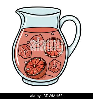 Refreshing vector illustration of a glass pitcher filled with pink lemonade, ice cubes, and grapefruit slices. Stock Vector
