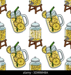 Refreshing lemonade vector seamless pattern with mason jars and dispensers Stock Vector