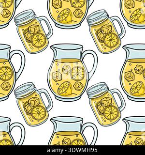Refreshing lemonade pitcher and mason jar vector seamless pattern, with ice cubes and lemon slices Stock Vector