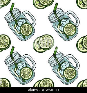 Refreshing cucumber lemonade in mason jar vector pattern with ice and straw Stock Vector