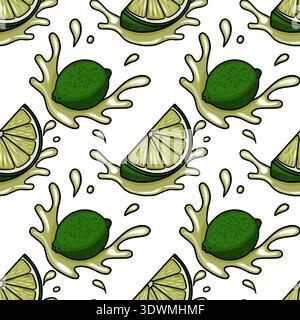 Vibrant lime slices and whole limes splashing in juice, seamless vector pattern Stock Vector