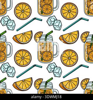Refreshing orange juice in mason jars with ice and straws, vector seamless pattern Stock Vector