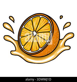 Juicy orange slice splashing in vibrant citrus juice, vector illustration Stock Vector