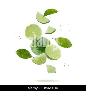 Fresh lime fruit whole and slices with leaves falling flying isolated on white background. Stock Photo