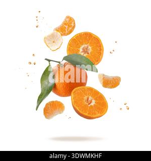 Fresh mandarin or tangerine fruit whole and slices with drops and leaves falling flying isolated on white background Stock Photo
