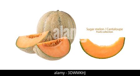 Sugar melon Cantaloupe whole and sliced isolated on white background. Sweet fruit dessert. Stock Photo