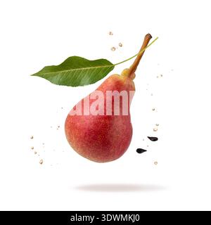 Single ripe red yellow pear with green leaf, seeds and drops flying  falling isolated on white background. Fresh harvesting whole pear Forelle. Health Stock Photo