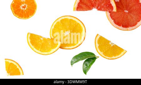 Fresh juicy grapefruit, orange and tangerine slices flying isolated on white background. Tropical sliced citrus fruits texture background. Stock Photo