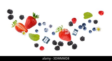 Fresh ripe strawberry, raspberry, blueberry and blackberry berries, mint leaves and ice cubes flying falling isolated on white background. Summer mix Stock Photo