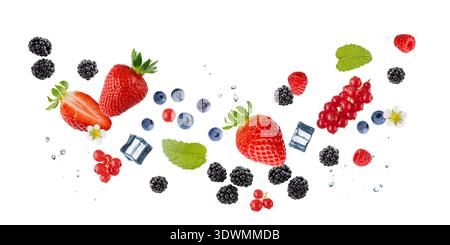 Fresh ripe strawberry, raspberry, currant, blueberry and blackberry berries, mint leaves and ice cubes flying falling isolated on white background. Su Stock Photo
