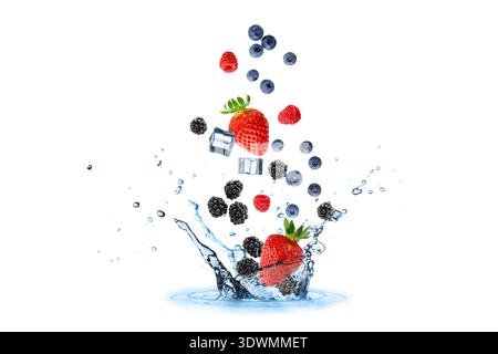Fresh strawberry, raspberry, blueberry and blackberry berries and ice cubes flying falling in splashing water isolated on white background Stock Photo