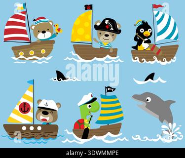 Set of cartoon animals sailing boats on the ocean. Stock Vector