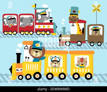 Cartoon animals driving colorful steam trains on railway tracks. Stock Vector