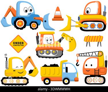 Set of colorful cartoon construction trucks with faces and signs. Stock Vector