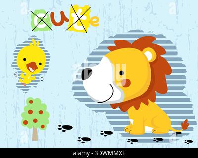 Cartoon lion and chick with animal footprints and fruit tree. Stock Vector
