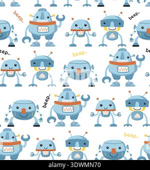 Seamless pattern of friendly blue cartoon robots and gear icons Stock Vector