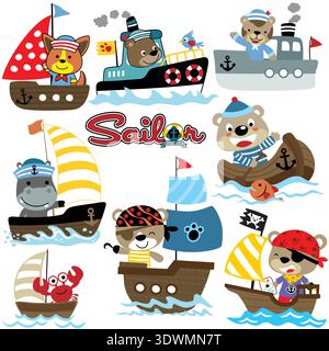 Vector set of funny animals sailor on boat Stock Vector