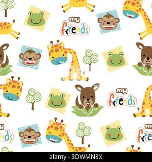 Seamless pattern of giraffe, monkey, kangaroo, and frog friends. Stock Vector