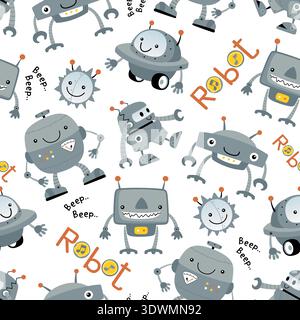 Seamless pattern of diverse friendly cartoon robots and gear icons. Stock Vector