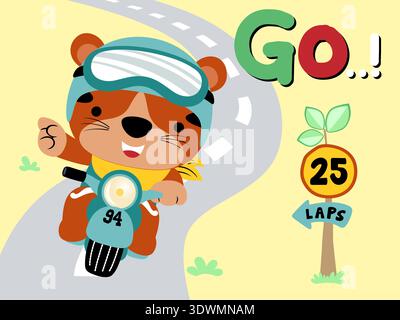 Cartoon tiger wearing helmet riding a motorcycle on road. Stock Vector