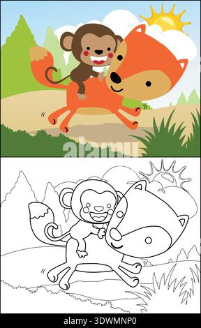 Cartoon monkey riding on the back of a running fox. Stock Vector