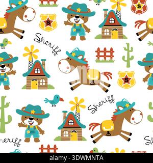 Seamless pattern of cowboy bear, horse, house, and cactus. Stock Vector