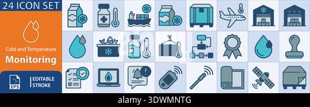 Vector icons depicting temperature monitoring for cold chain logistics, supply chain, ecommerce, and medical deliveries. Essential for tracking Stock Vector