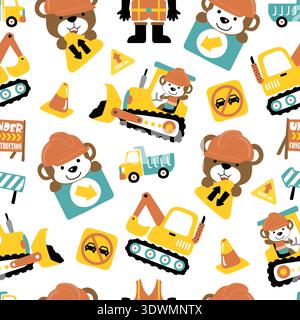 Seamless pattern of bear and monkey operating construction vehicles. Stock Vector