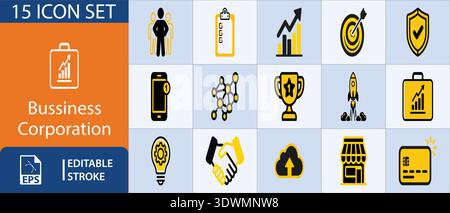 Professional business corporation icon set featuring growth charts, teamwork, success trophies, innovation, and secure transactions. Perfect for web Stock Vector