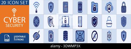 A collection of 20 distinct vector icons representing cybersecurity concepts. These symbols, featuring shields, locks, fingerprints, and digital Stock Vector