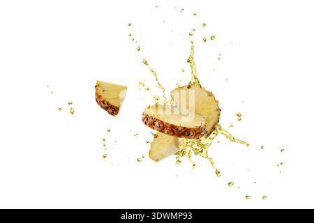 Fresh juicy tropical fruit pineapple with splashing drink flying isolated on white background. Sliced ananas pineapple with drops of juice falling. Stock Photo