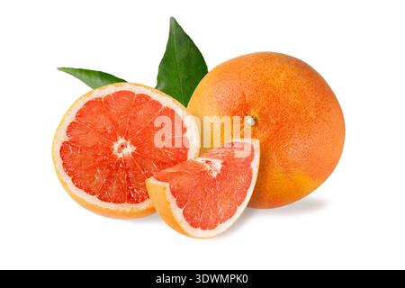 Fresh juicy grapefruit and slices with leaves isolated on white background Stock Photo