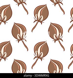 Seamless pattern with cotton buds in flat style. Illustration background for textile print, organic fabric, packaging and rustic design. Stock Vector
