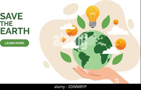 Earth Day Illustration with Hand Holding the Planet, Green Leaves, and Eco Symbols for Sustainability and Conservation. Stock Vector
